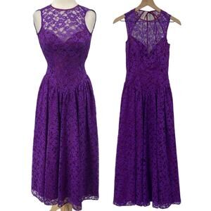Vintage 80s Maxi Lace Dress Open Back Halter Fit & Flare Sleeveless Purple XS